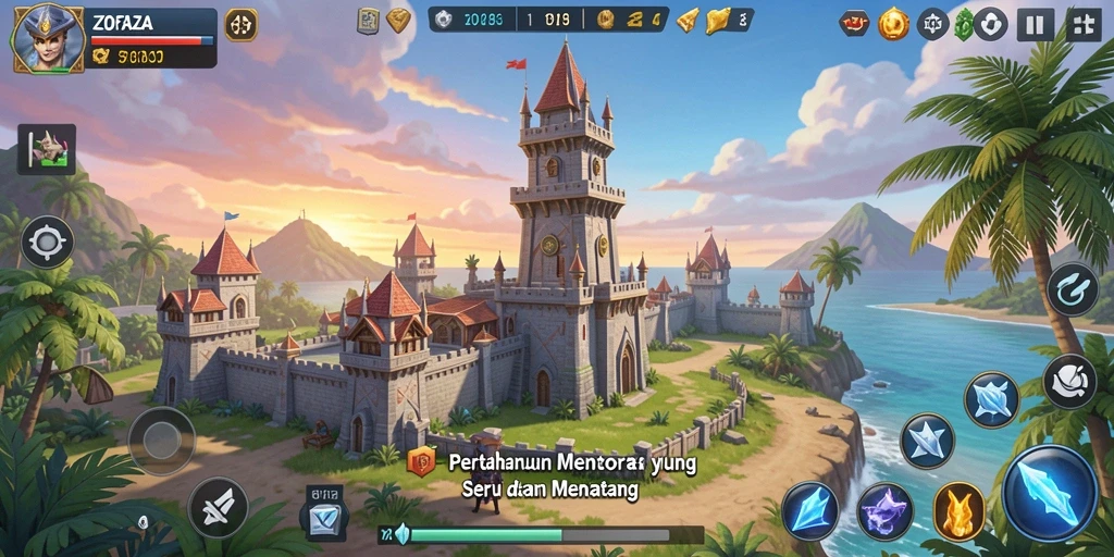 Gameplay ZOFAZA dengan strategi Tower Defense yang menampilkan menara dan musuh.